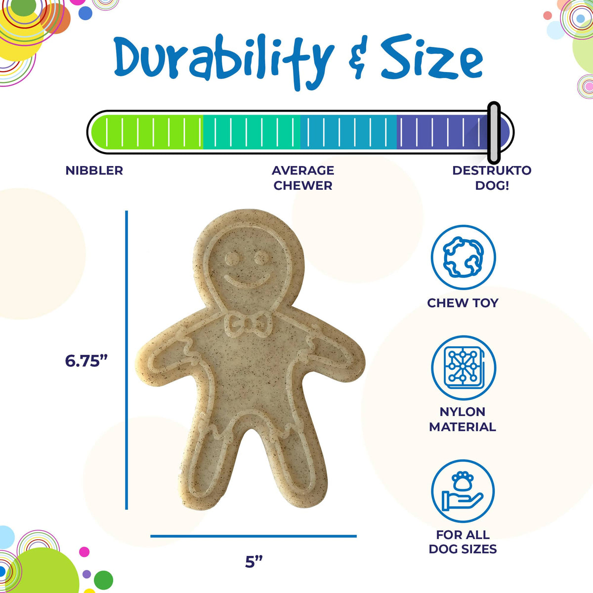 Durability and size graphic for the SodaPup Gingerbread Man chew toy, for dogs 15 to 80 lb