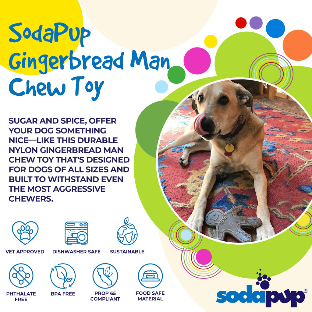 Product synopsis graphic for the brown SodaPup Gingerbread Man nylon chew toy