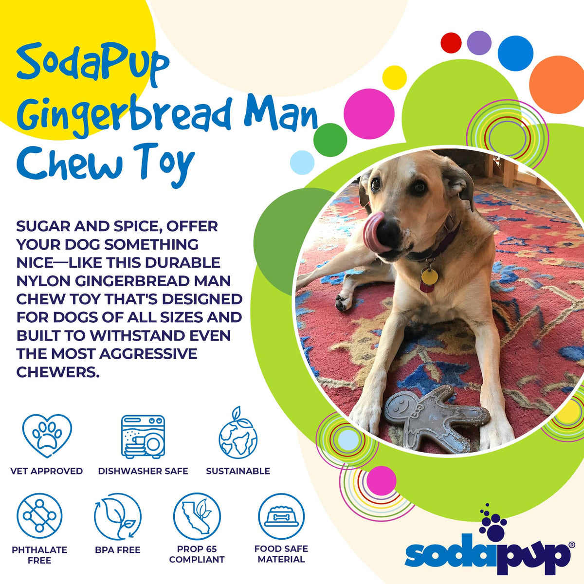 Product synopsis graphic for the brown SodaPup Gingerbread Man nylon chew toy