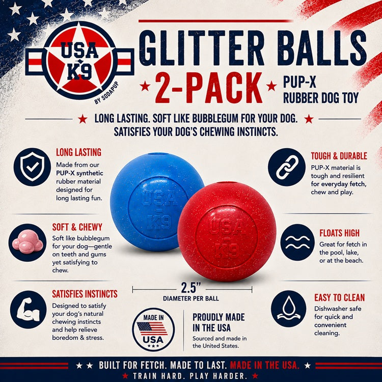 SodaPup Glitter Ball 2-Pack sized to fit most ball launchers, about 2.5 inches per ball