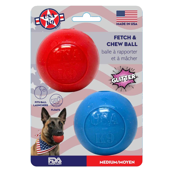 SodaPup Glitter Ball 2-Pack with one red and one blue soft floating rubber dog ball