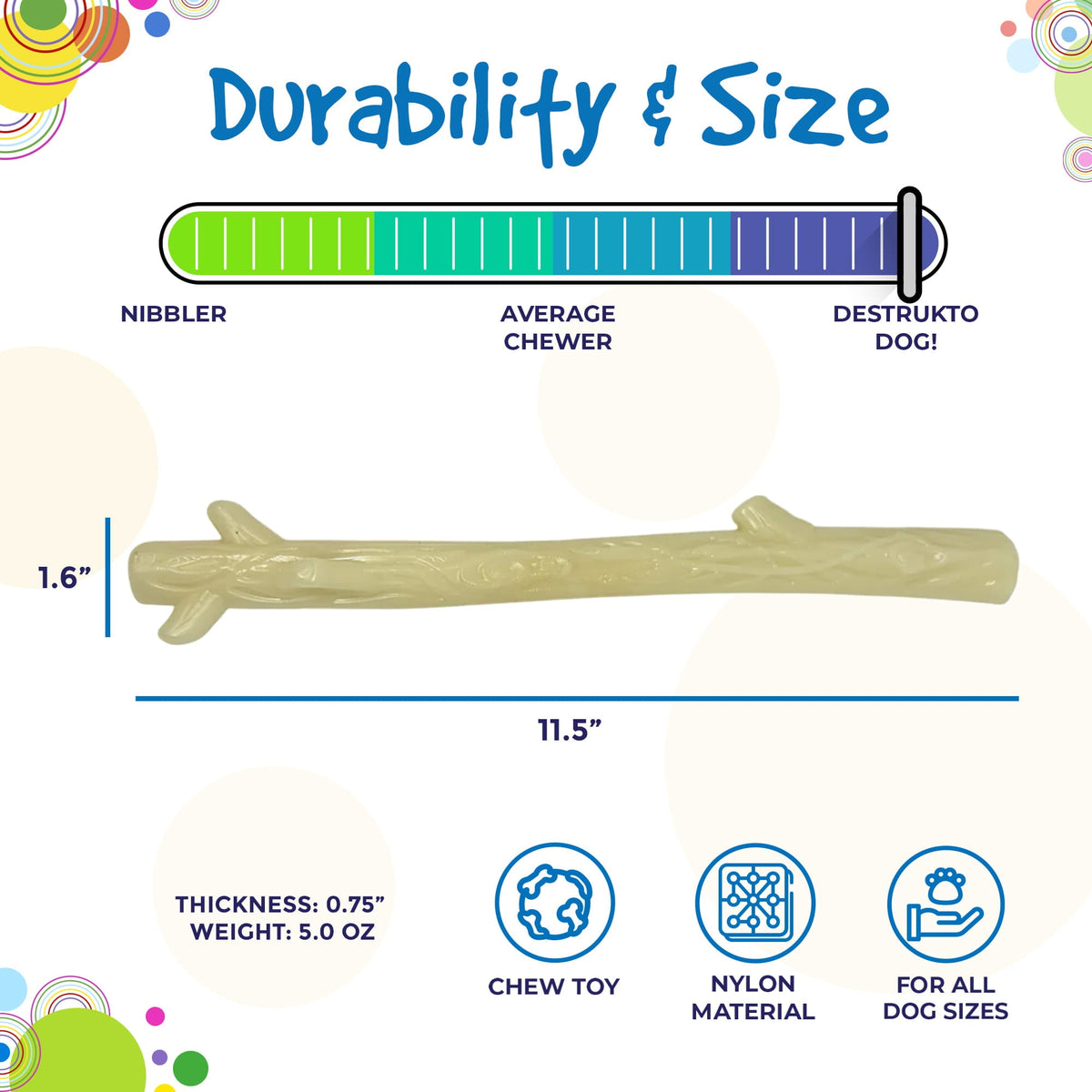 SodaPup glow in the dark chew stick measuring 11.5 x 1 x 2 inches and weighing 4.1 ounces