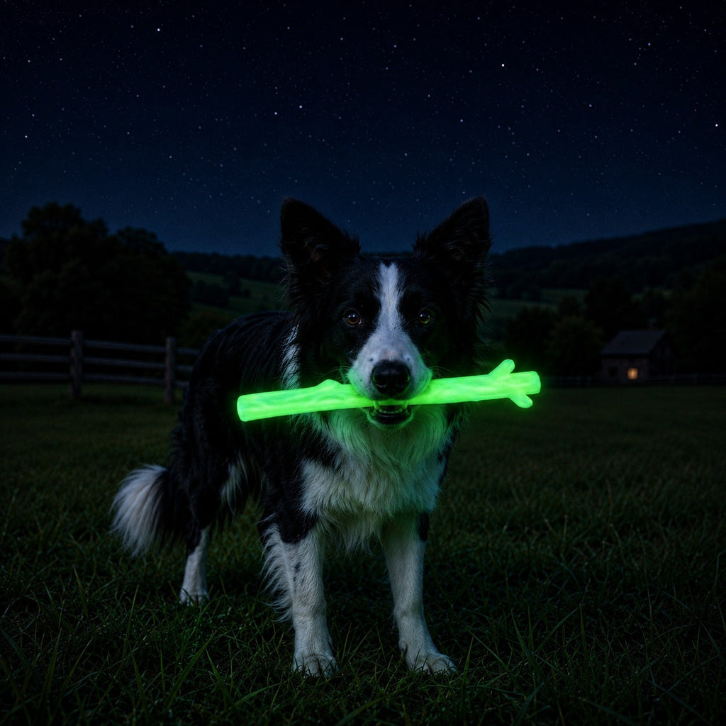 Glow-in-the-dark SodaPup chew stick that charges under sunlight or a lamp, no batteries needed