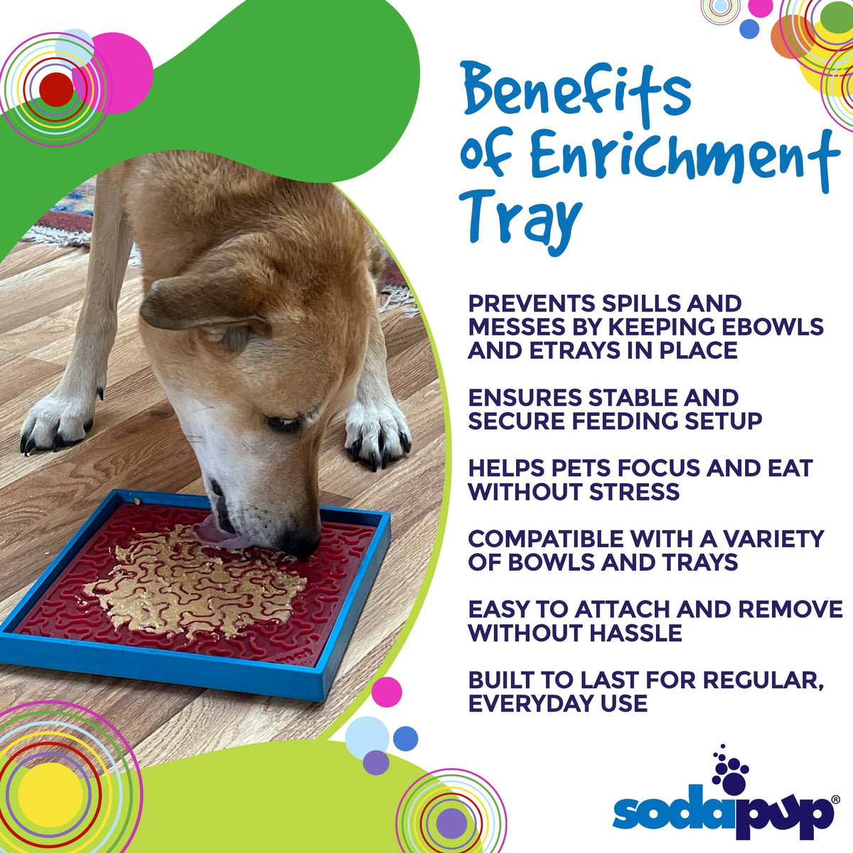 Benefits graphic for the SodaPup Hold 'em, a suction holder for SodaPup bowls and mats