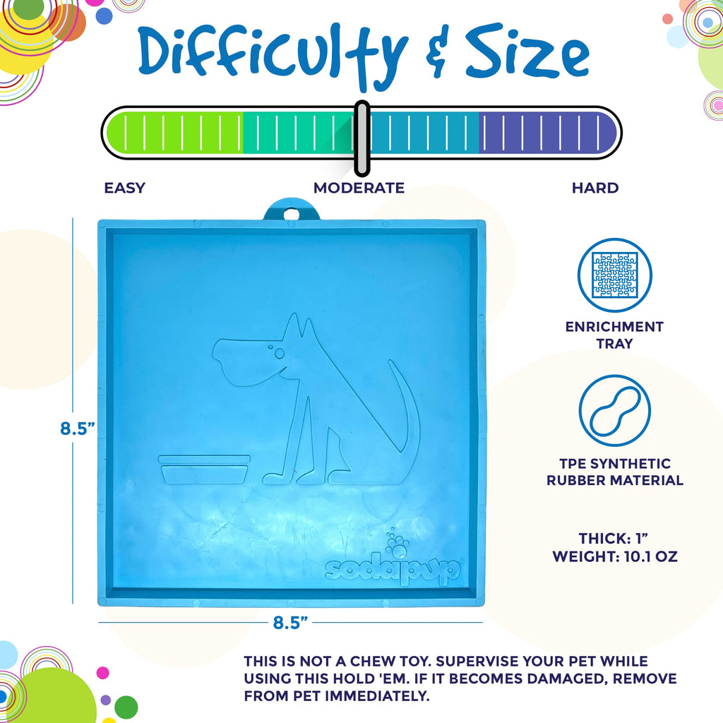 Difficulty and size graphic for the SodaPup Hold 'em suction cup holder in light blue