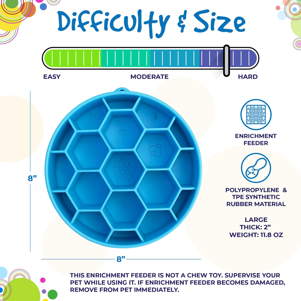 Difficulty and size graphic for the blue SodaPup Honeycomb eBowl, about 8 x 8 x 2 inches