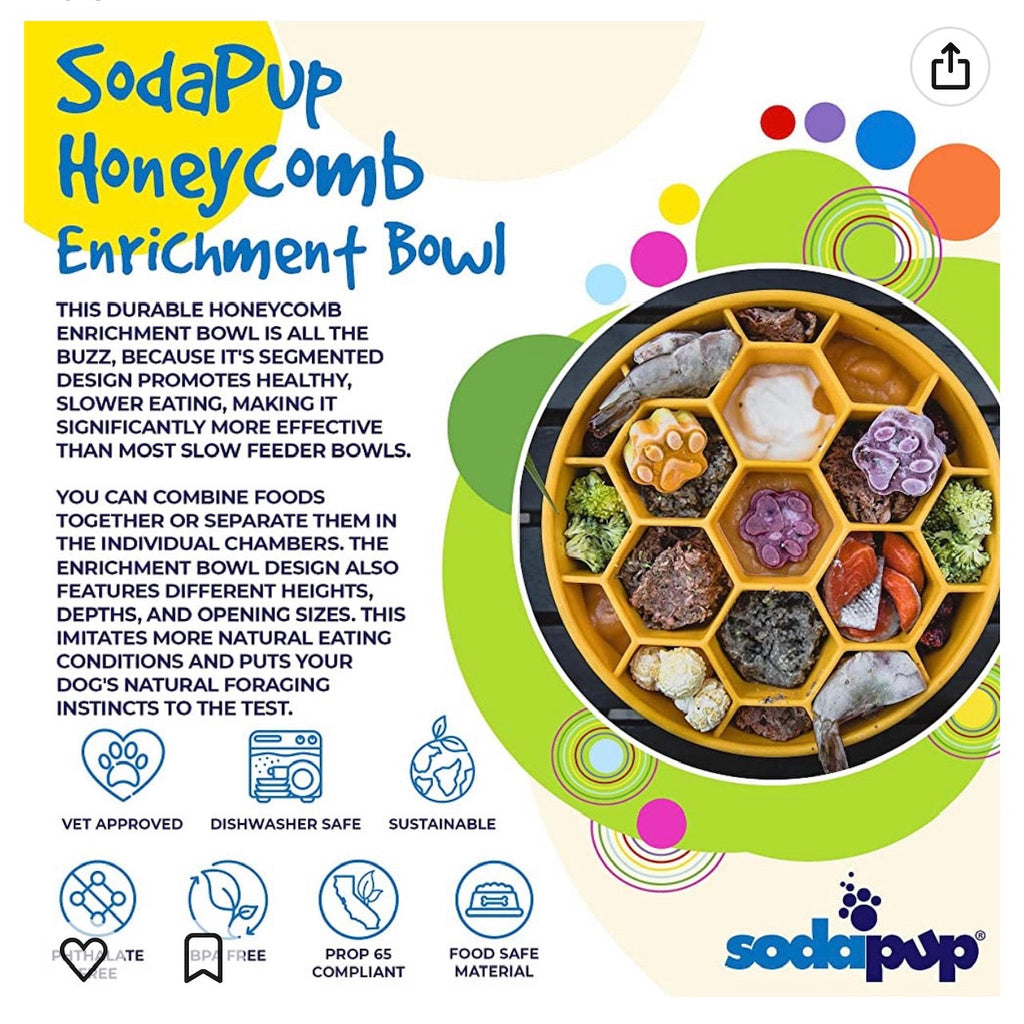 SodaPup Honeycomb eBowl slow feeder with deep hexagon sections that hold kibble or wet food