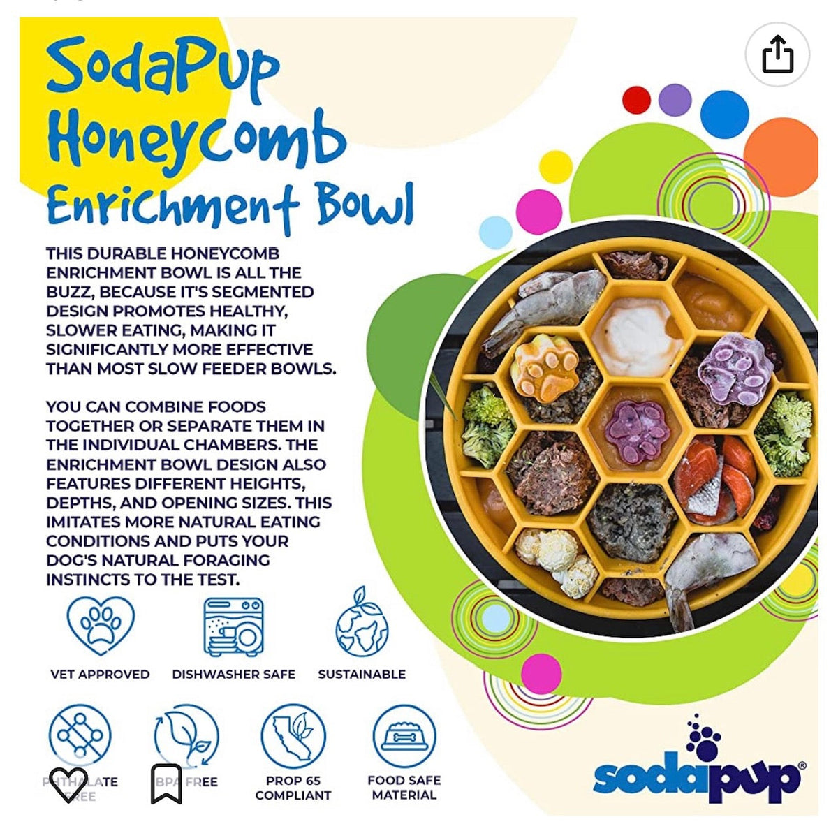 SodaPup Honeycomb eBowl slow feeder with deep hexagon sections that hold kibble or wet food