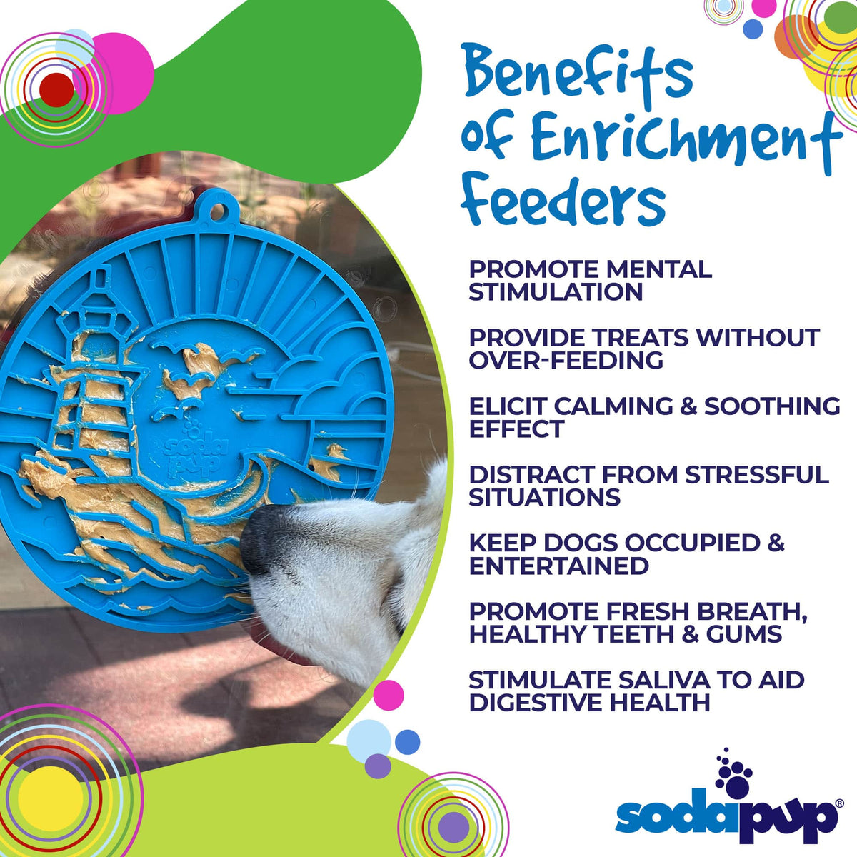 Benefits graphic for the SodaPup Lighthouse eMat, a licking enrichment feeder for pets