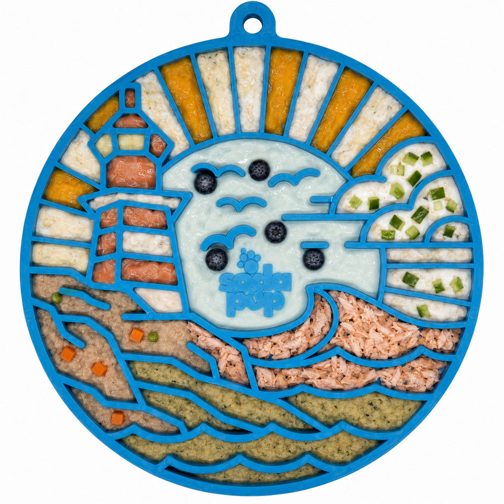 Dark blue SodaPup Lighthouse eMat with suction cups that grip tile, glass and tub walls