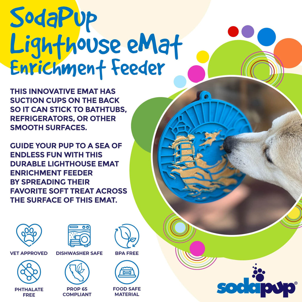 Product synopsis for the SodaPup Lighthouse eMat, a suction cup enrichment lick mat