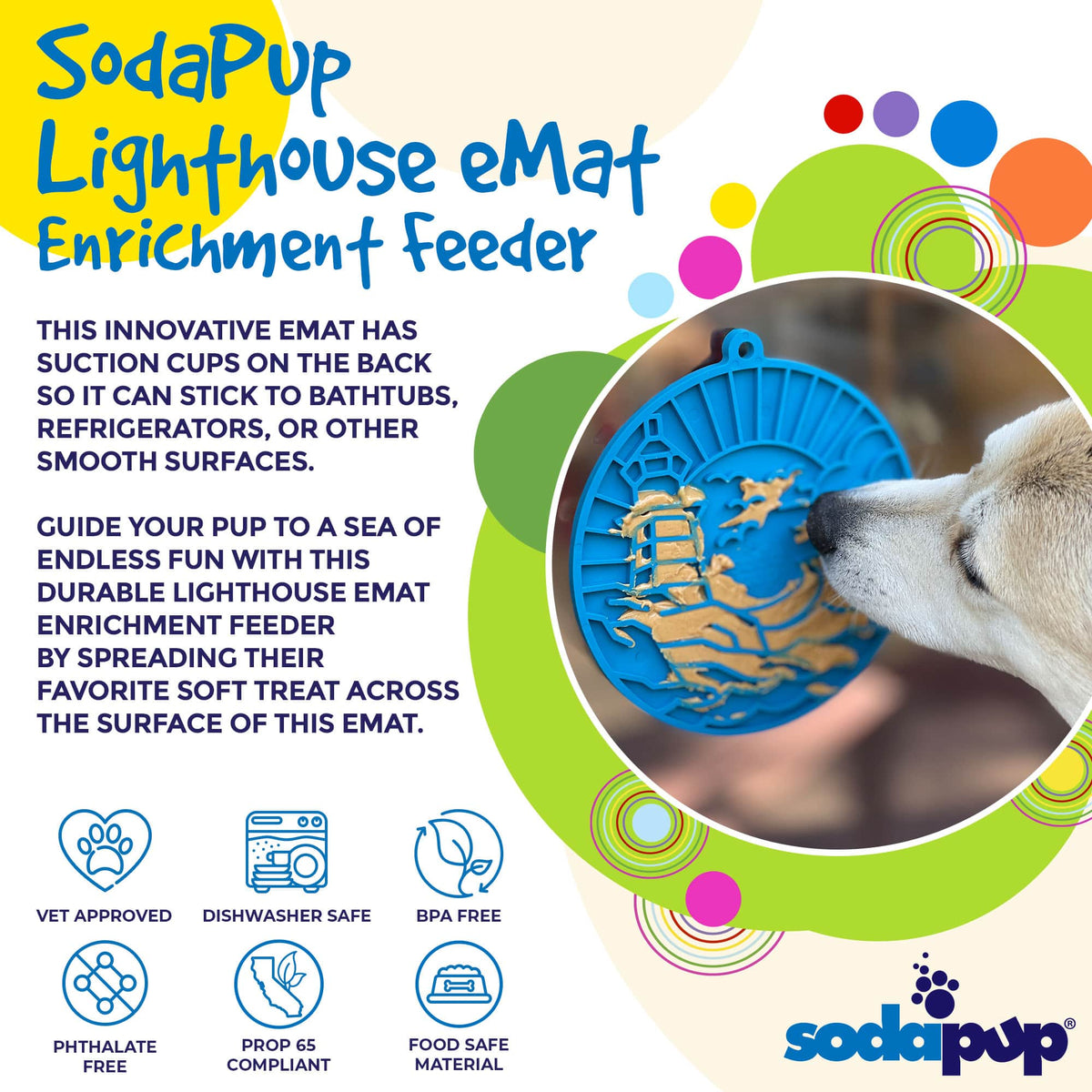Product synopsis for the SodaPup Lighthouse eMat, a suction cup enrichment lick mat