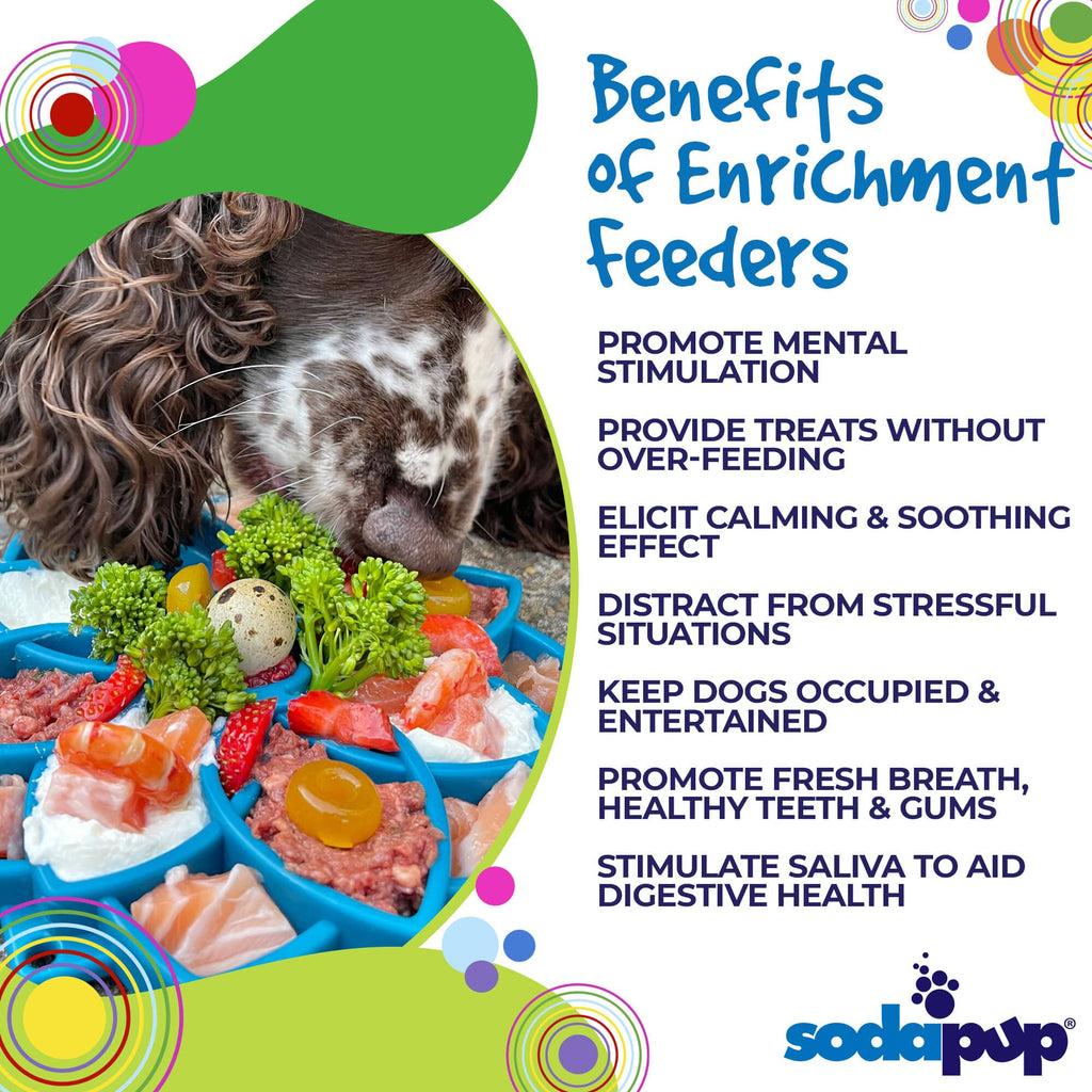Benefits graphic for the blue SodaPup Mandala eTray, a mealtime enrichment tray