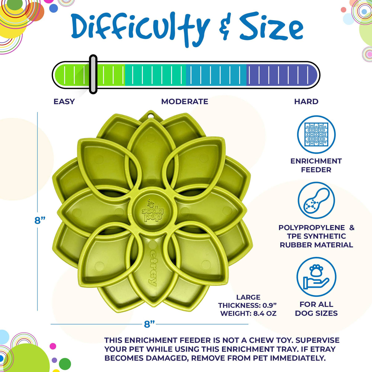 Difficulty and size graphic for the green SodaPup Mandala eTray slow feeder