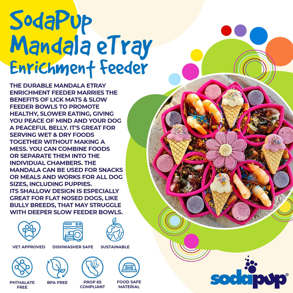 Product synopsis for the pink SodaPup Mandala eTray shallow slow feeder for dogs