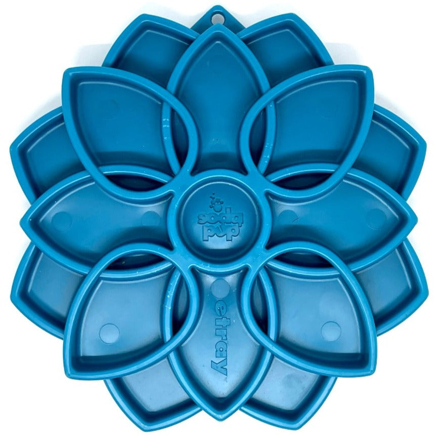 SodaPup Mandala eTray in blue, a wide shallow slow feeder tray with a raised mandala pattern