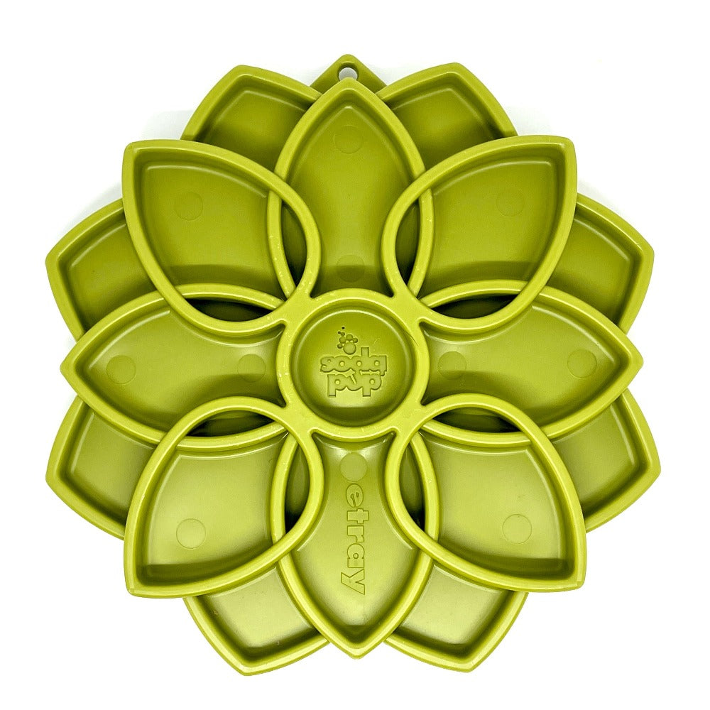 SodaPup Mandala eTray in green, a 0.6 inch deep slow feeder for flat-faced dog breeds