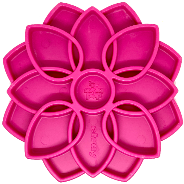 Pink SodaPup Mandala eTray, a shallow slow feeder about 8 inches across