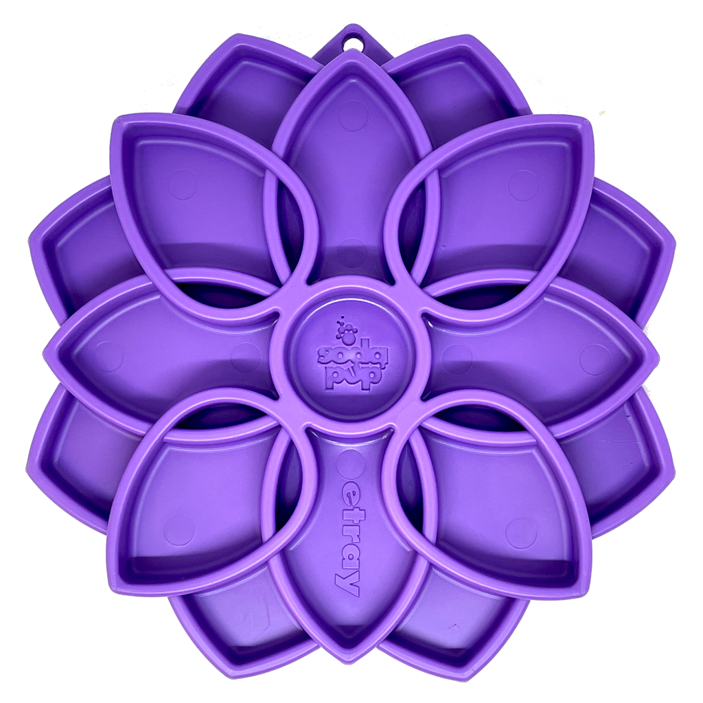 Purple SodaPup Mandala eTray slow feeder tray that holds about 1 cup of dog food