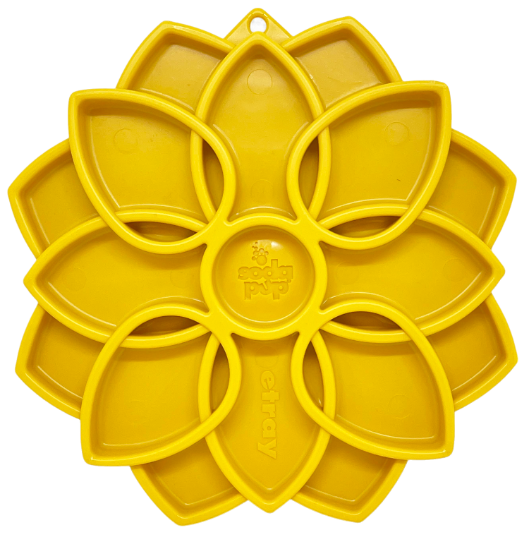SodaPup Mandala eTray in yellow, an easy-level shallow slow feeder dog bowl