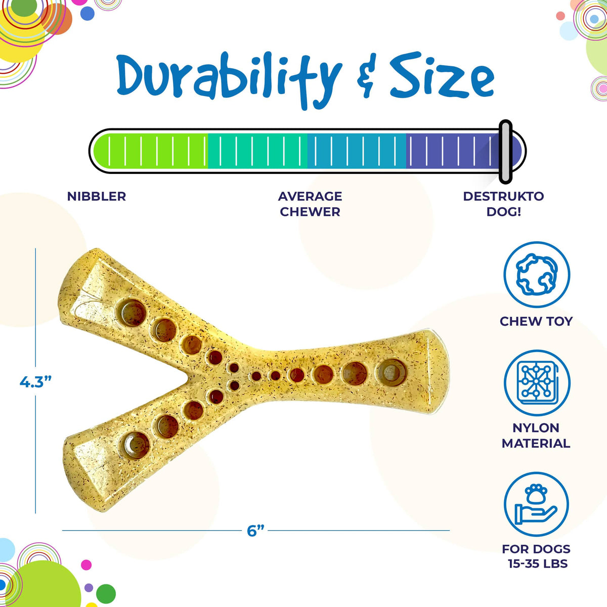 Durability and size graphic for the brown SodaPup MOD Wishbone nylon chew, medium size