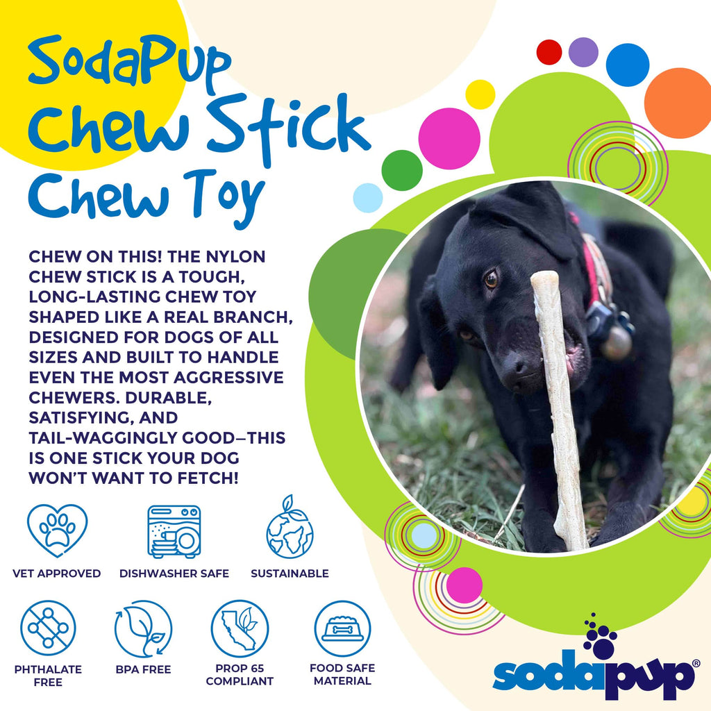 Product synopsis graphic for the SodaPup Nylon Chew Stick, a tough stick-shaped dog chew