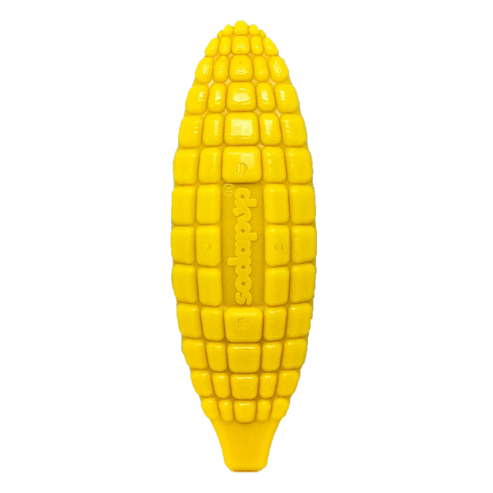 SodaPup Nylon Corn on the Cob dog chew toy in yellow with rows of raised kernel nubs