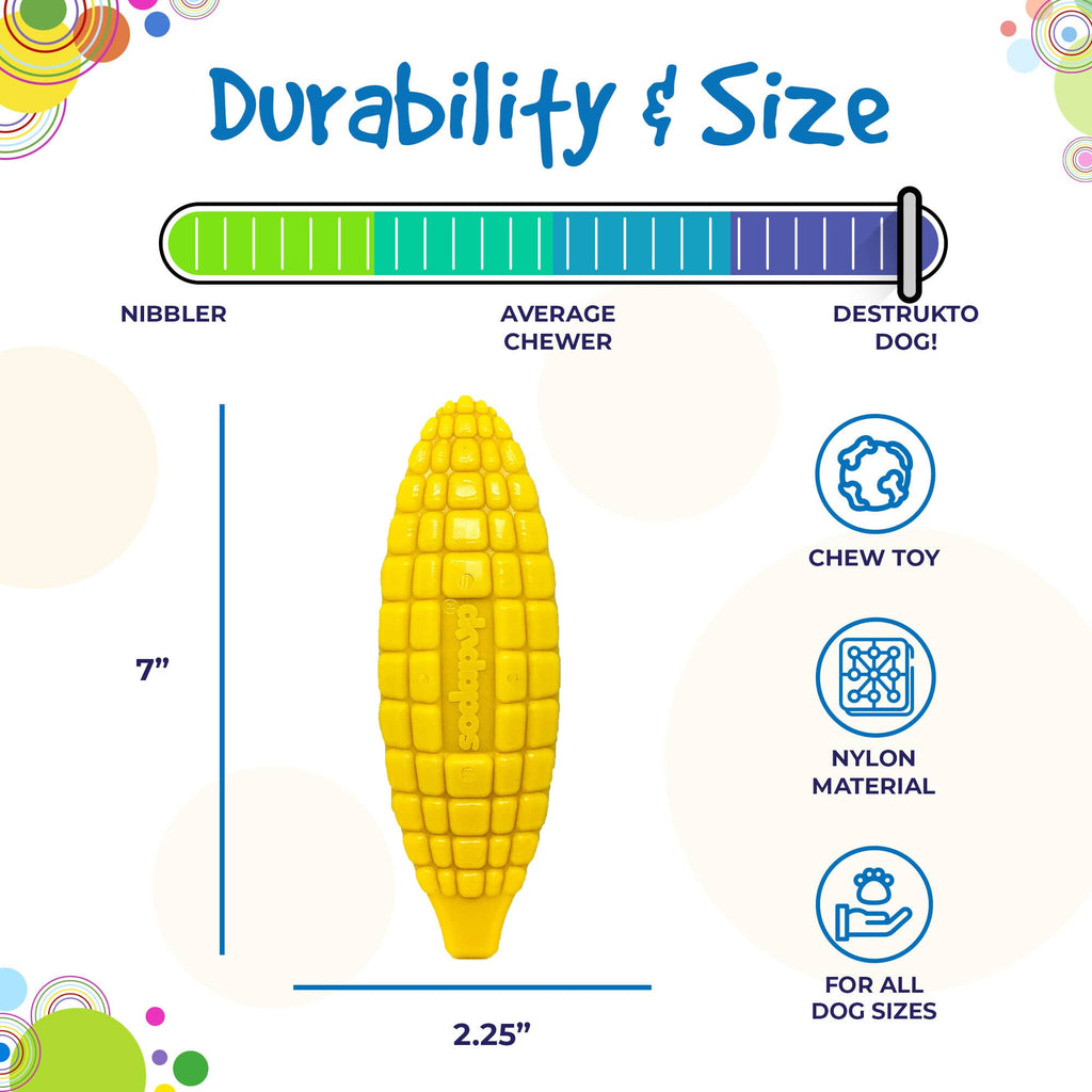 Durability and size graphic for the SodaPup Nylon Corn on the Cob: 7 x 2.25 in, 5.6 oz