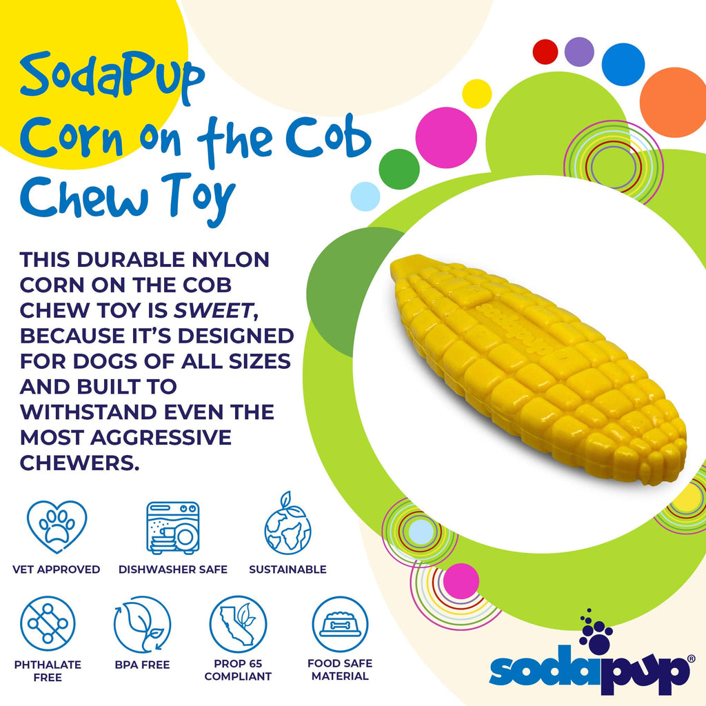 Product synopsis graphic for the yellow SodaPup Nylon Corn on the Cob chew toy