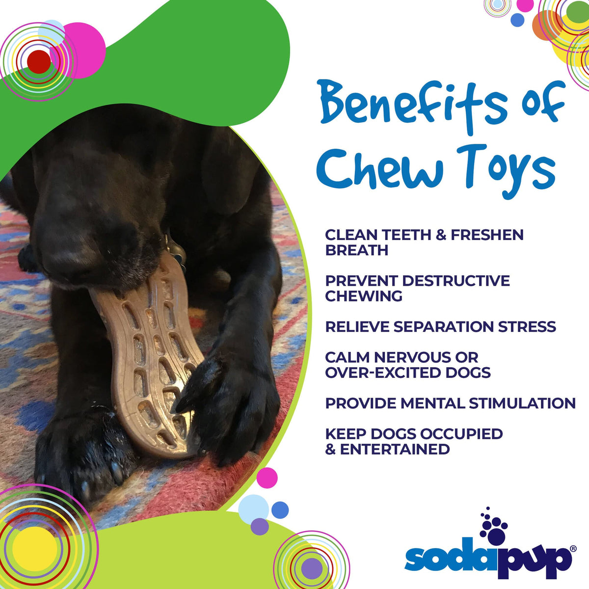 Benefits graphic for the brown SodaPup Peanut, a made-in-USA nylon dog chew