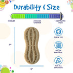 Durability and size graphic for the brown SodaPup Peanut nylon chew toy