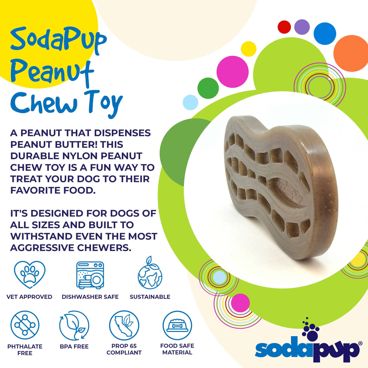 Product synopsis for the brown SodaPup Peanut nylon chew toy for power chewers