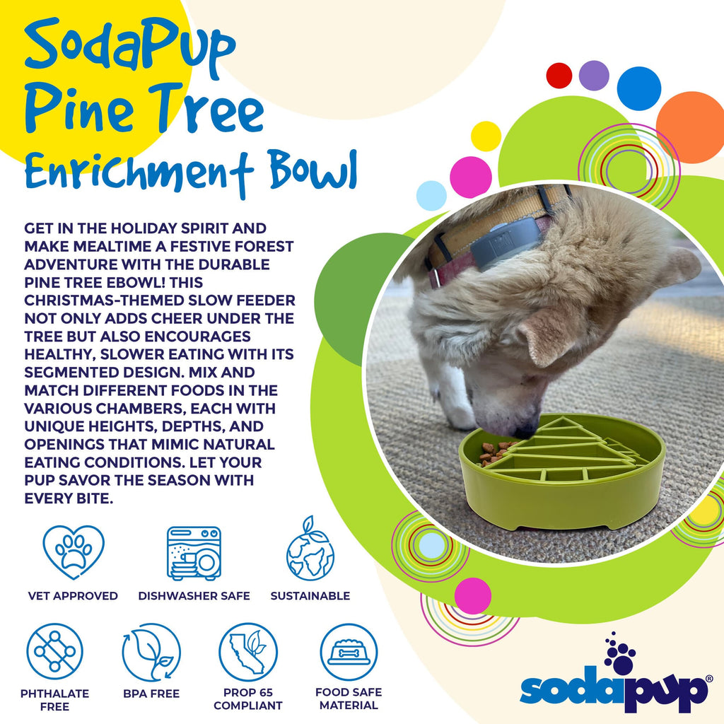 Product synopsis for the green SodaPup Pine Tree eBowl slow feeder for medium and large dogs