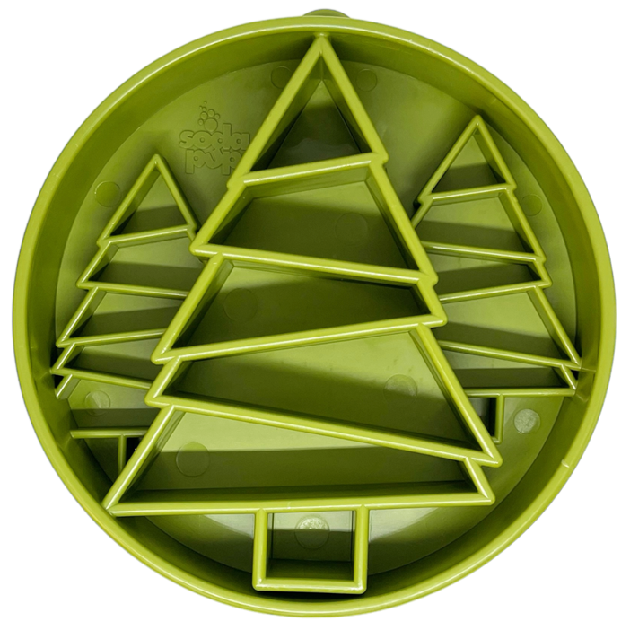 SodaPup Pine Tree eBowl in green, a deep slow feeder dog bowl with pine tree ridges