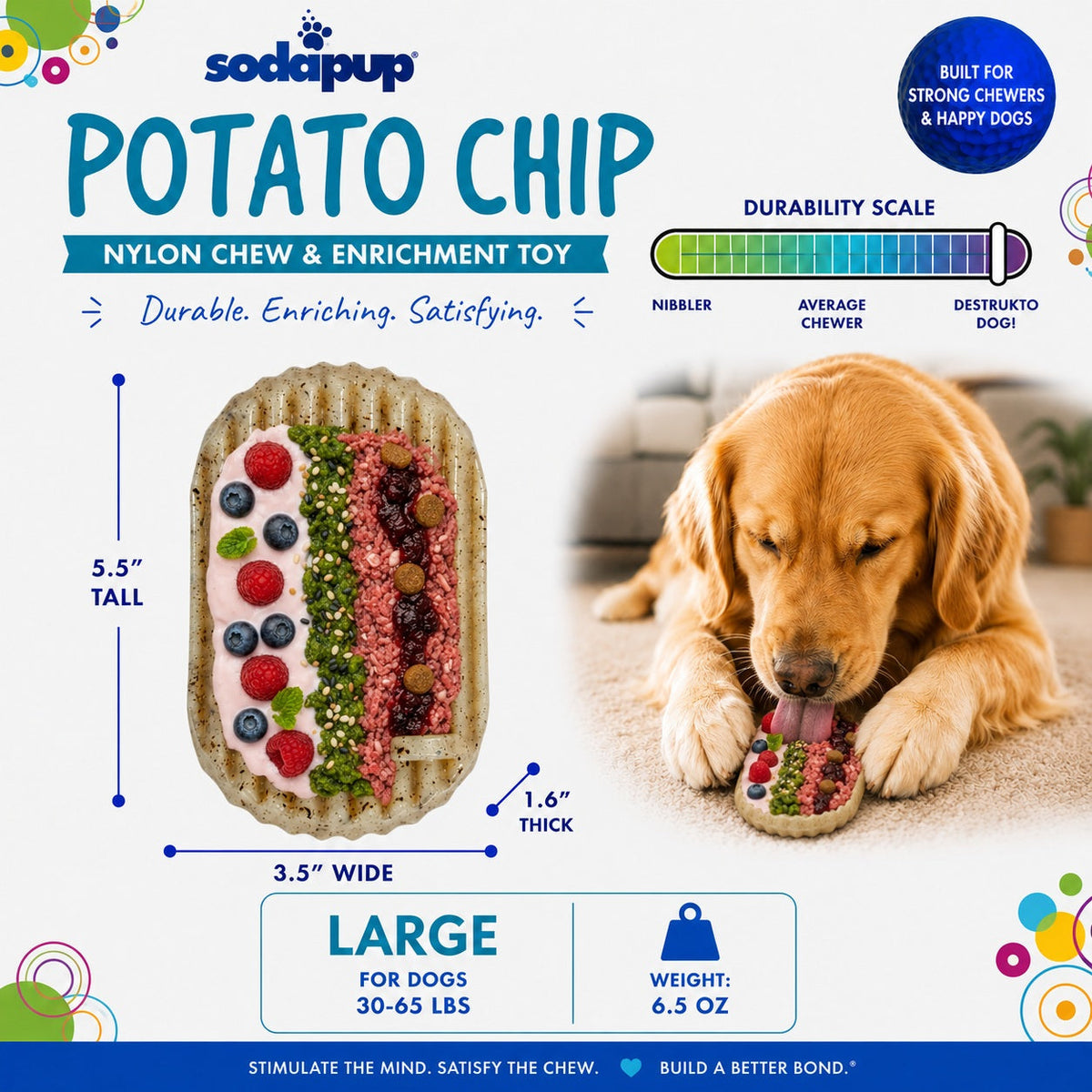 SodaPup Potato Chip eChew, a 7 ounce brown nylon chew sized for dogs about 30 to 65 lb