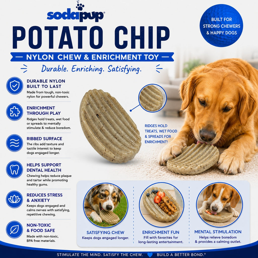Brown potato chip shaped chew toy by SodaPup, made in the USA for dogs that chew hard