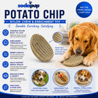 Brown potato chip shaped chew toy by SodaPup, made in the USA for dogs that chew hard
