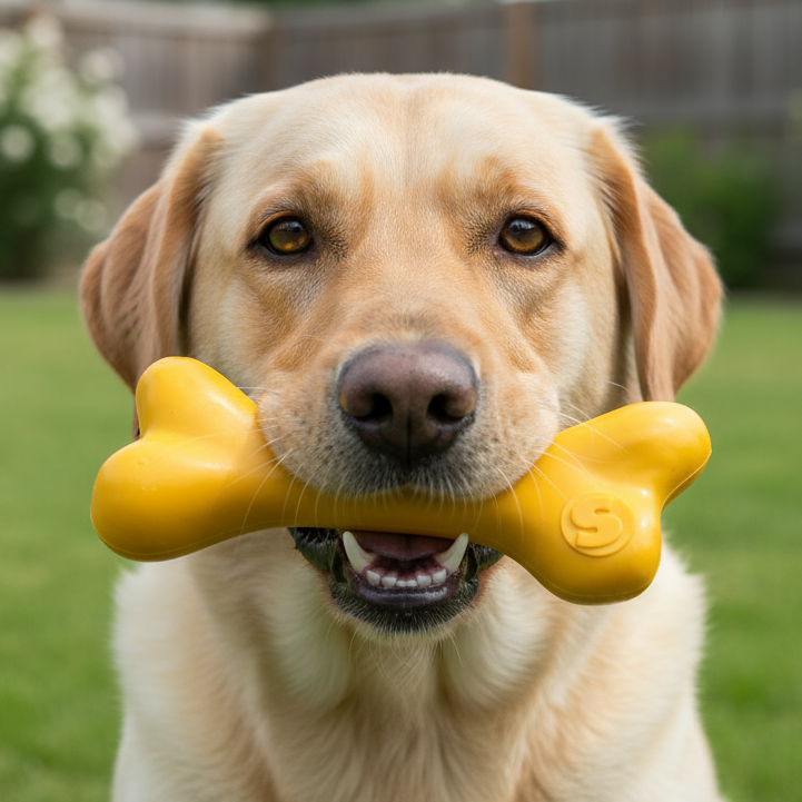 SodaPup PUP-X bone-shaped rubber chew toy that is soft and chewy for moderate chewers