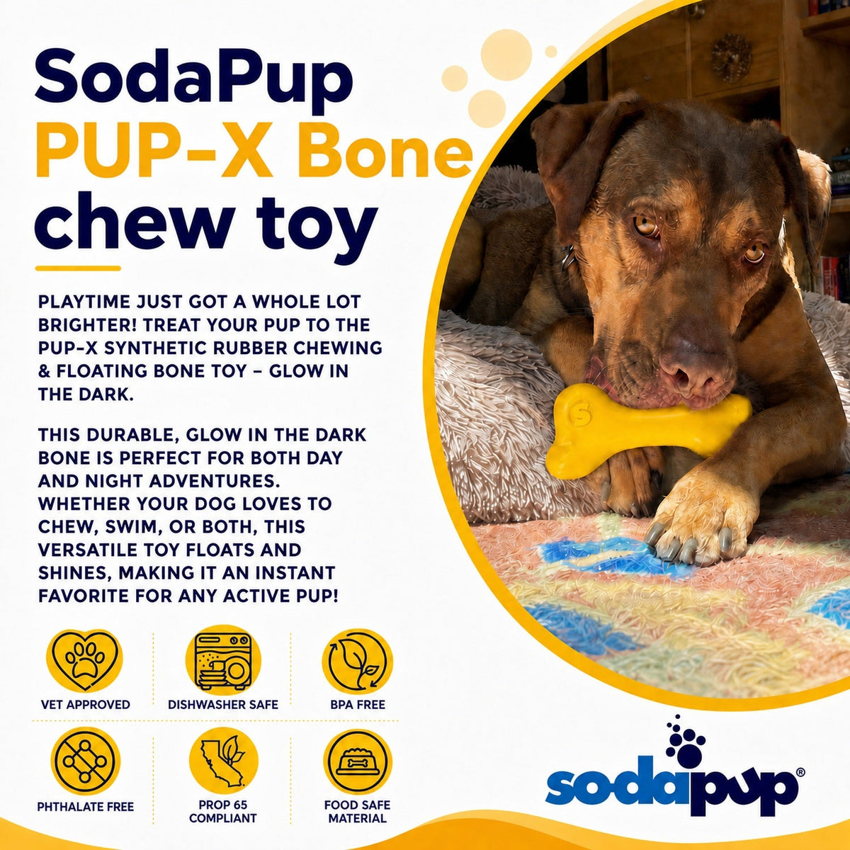 Yellow SodaPup PUP-X Rubber Bone, Large, 6.5 inches long for dogs about 30 to 50 lb