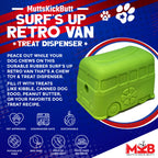 Product synopsis for the green SodaPup Surf's Up Retro Van, a Large rubber treat dispenser