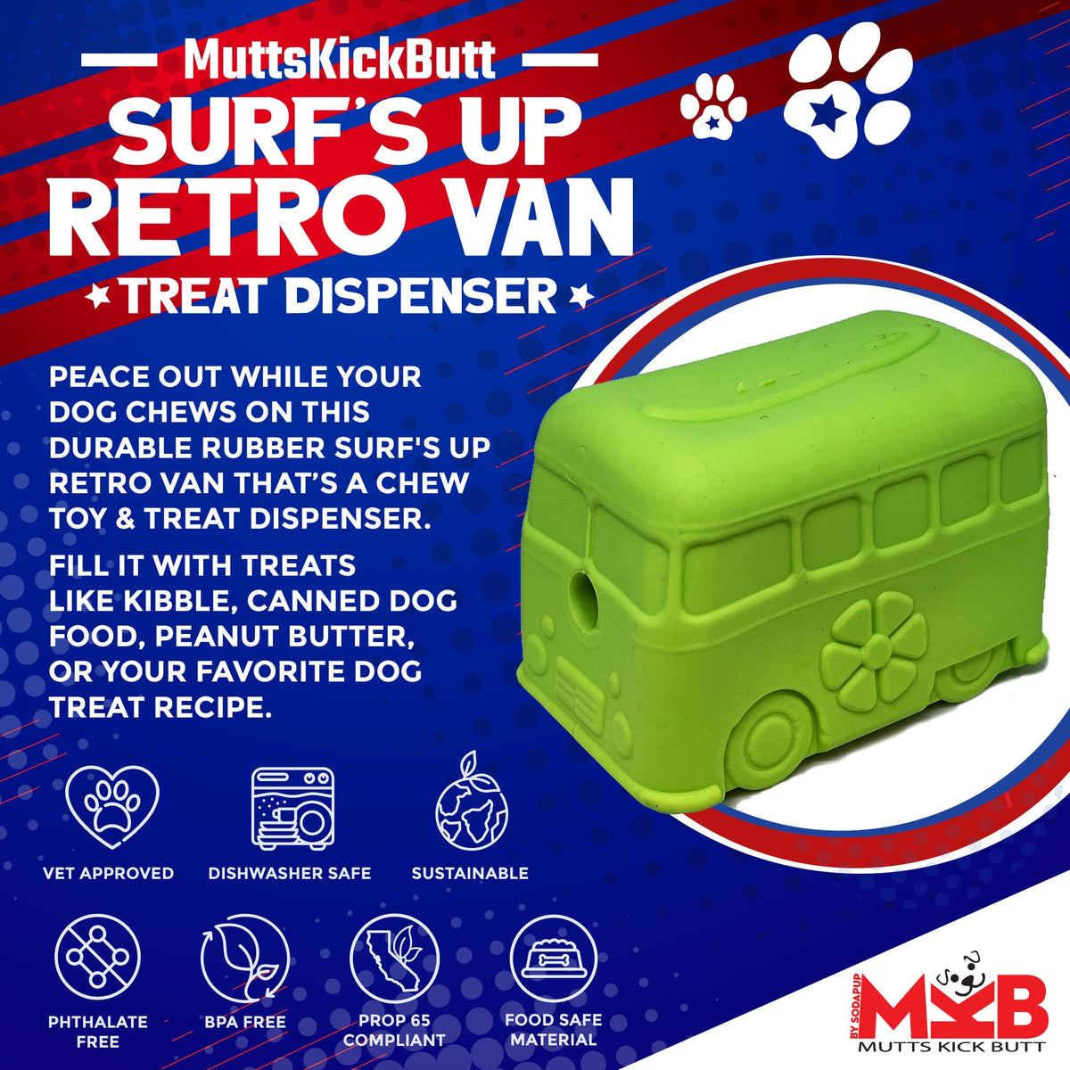 Product synopsis for the green SodaPup Surf's Up Retro Van, a Large rubber treat dispenser