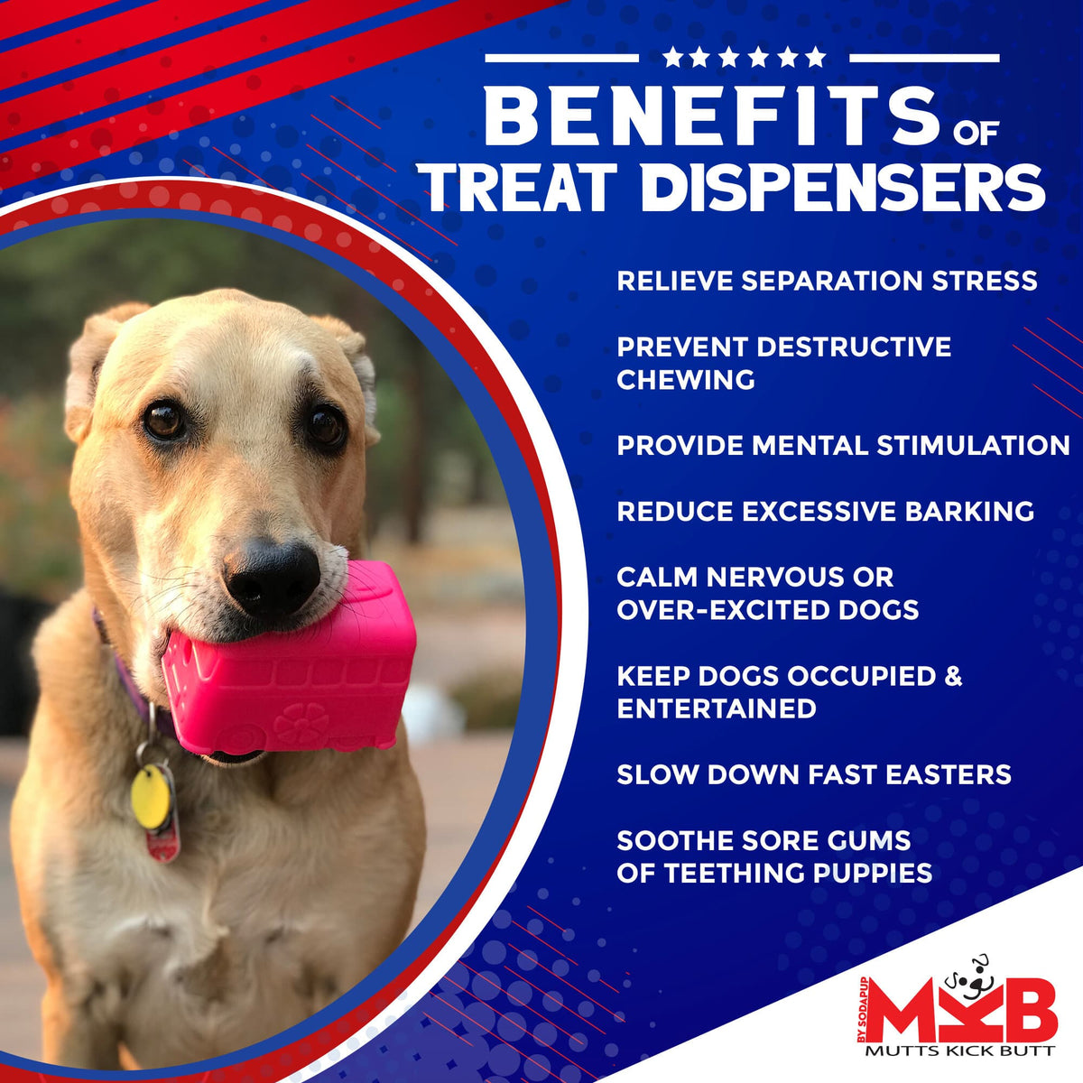 Benefits graphic for the pink SodaPup Surf's Up Retro Van rubber treat dispenser toy