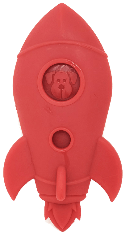 Red SodaPup Rocket Ship chew toy, 6.75 inches tall, in FDA-compliant nylon made in the USA