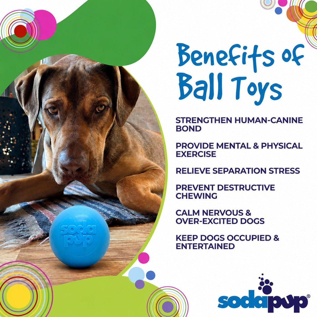 Light blue squeaky fetch ball by SodaPup with a squeaker that keeps working when the ball is wet