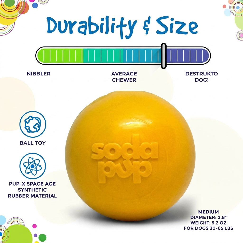Yellow floating squeaky dog ball from SodaPup in FDA-compliant, BPA- and phthalate-free rubber