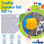Yellow SodaPup Squeak Ball with a patented internal squeaker set deep inside the rubber