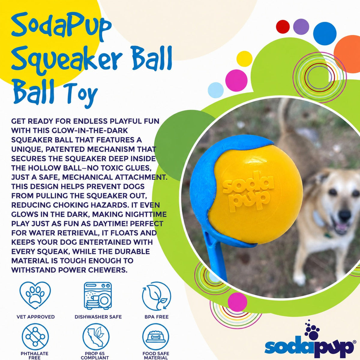 Yellow SodaPup Squeak Ball with a patented internal squeaker set deep inside the rubber