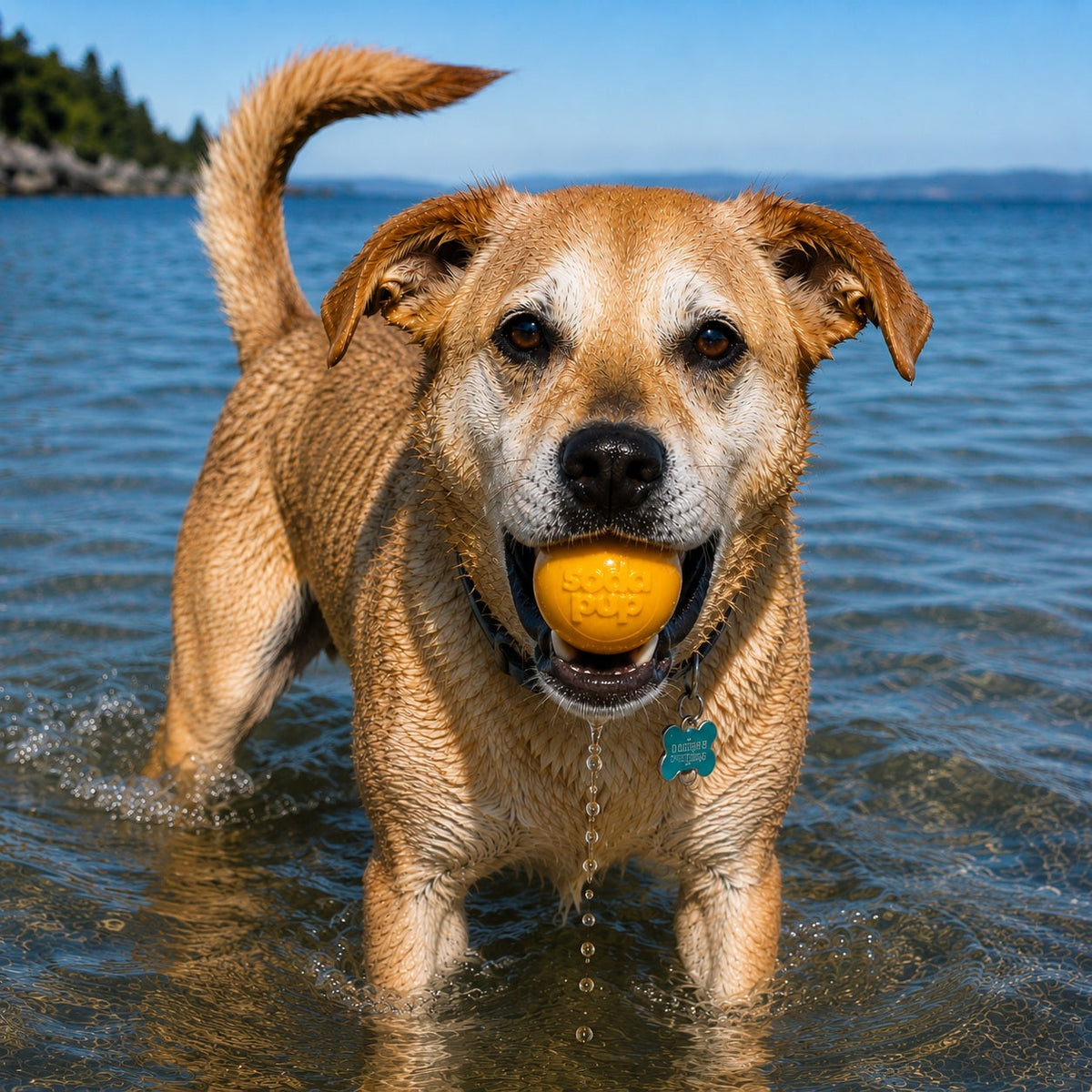 SodaPup yellow squeaky rubber ball for dogs 30 to 65 lb, about 2.9 inches across, 3.5 ounces