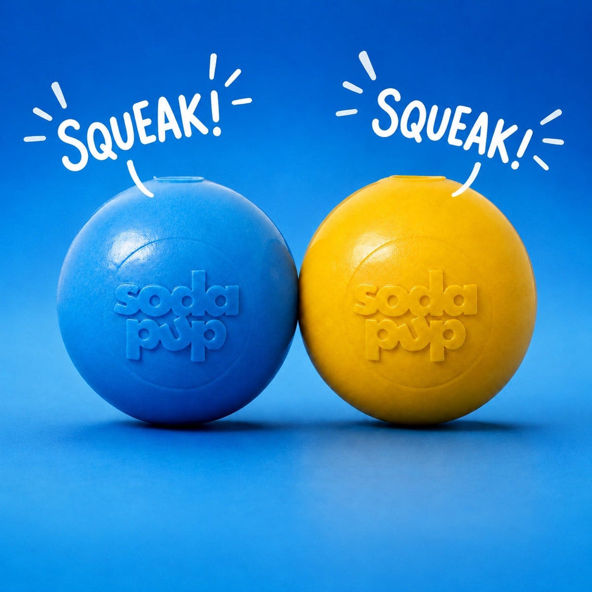 Yellow SodaPup Squeak Ball in PUP-X synthetic rubber with a squeaker that works wet or dry