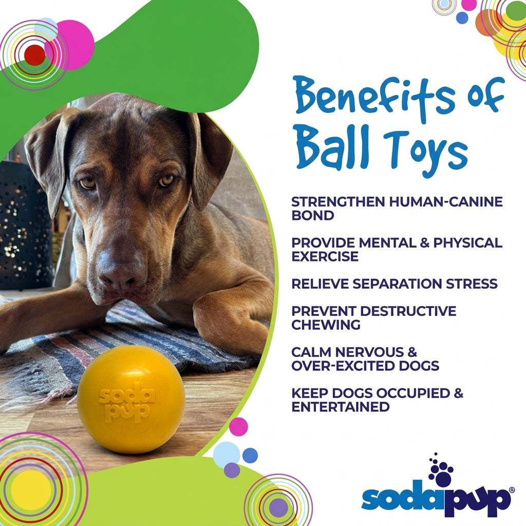 SodaPup Squeak Ball in yellow, a USA-made squeaky toy for pool, lake and beach fetch